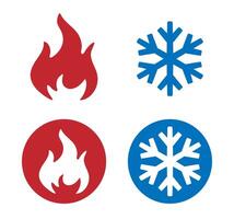 Hot and cold temperature icon symbol. Snowflake and fire flame logo sign. Warm, freeze snowflake. illustration image. Isolated on white background. vector