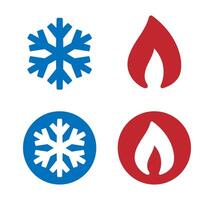 Hot and cold temperature icon symbol. Snowflake and fire flame logo sign. Warm, freeze snowflake. temperature illustration image. Isolated on white background. vector