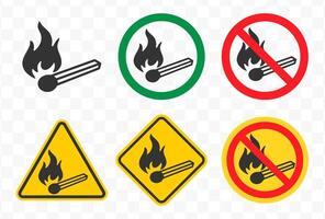 No open fire, no smoking icon symbol. No open flame sparkle logo sign. Not allowed, do not make fire. Prohibition, Prohibited, forbidden. Match stick illustration. Isolated on white background. vector