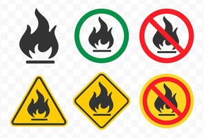 No open fire, no smoking icon symbol. No open flame sparkle logo sign. Not allowed, do not make fire. Prohibition, Prohibited, forbidden. Flames illustration. Isolated on white background. vector