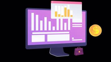 Business Analysis with Monitoring Financial Graphs in Monitor 2D Cartoon Animation on Alpha Channel video