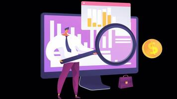 A Man Analyzing Business Graphs from Monitor with Magnifying Glass 2D Cartoon Animation on Alpha Channel video