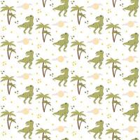 Seamless pattern with cute dino, dinosaur T Rex, Tyrannosaurus, abstract children background with palm trees, clouds, sun vector