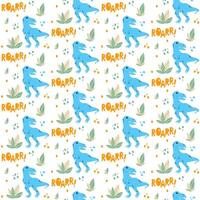 Seamless pattern with cute dino, dinosaur T Rex, Tyrannosaurus, abstract children background with ROAR text and bushes, grass vector