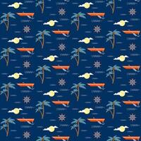 Summer vacation seamless pattern with palm tree, coconut, boat and paddle, ancor, steering wheel, sun and waves. Aloha party, Hawaii concept. Can be used in textile, wrapping-paper design. vector