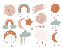 Set of cute boho baby objects in Scandinavian style. Boho style nursery decoration. hand drawn boho clipart for nursery decoration with cute rainbows and moon, sun, cloud. illustration vector