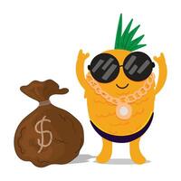 cartoon cool pineapple character with money bag in flat design vector