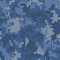 Halftone digital navy camouflage. LED screen pattern in blue tones, camo grid, polka dot background. Seamless texture vector
