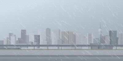 Cityscape in rainy day view from sidewalk have skyscraper and dusk sky background graphic illustration. vector
