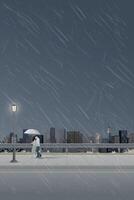 Cityscape in rainy day view from sidewalk with couple of lover kissing under umbrella have skyscraper and cloudy sky vertical background graphic illustration. vector