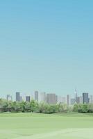 Public park with grass field in the city have skyscrapers and blue sky vertical background graphic illustration. vector