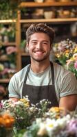 Young, smiling white male florist wearing casual t-shirt and apron stands surrounded by colorful flowers in inviting flower shop. Vertical banner that reflects beauty and creativity of floristry photo