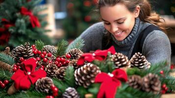 Cheerful, smiling female florist arranges festive Christmas decoration, featuring pine cones, evergreen branches, bright red berries, and red ribbons. Banner with copy space for Christmas holiday photo
