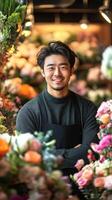 Young, cheerful Asian male florist standing confidently with arms crossed in flower shop. His smile and posture reflect his passion and dedication to his craft. Vertical banner for social photo