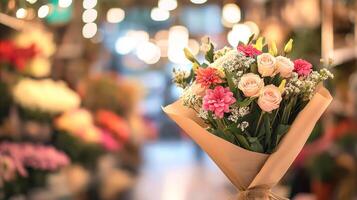 Banner with copy space, beautifully arranged bouquet of flowers wrapped in brown paper with delicate pink and white roses, daisies, and other floral accents, captured in cozy, softly lit photo