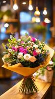 Vertical banner with copy space, beautiful and vibrant bouquet of fresh flowers displayed on wooden table in cozy flower shop. The bouquet is wrapped in yellow paper and tied with red ribbon photo