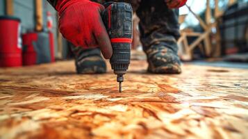 Construction worker using electric drill on oriented strand board , OSB flooring installation. Action in middle of construction or renovation wood house. A hard work, tools in hands-on photo