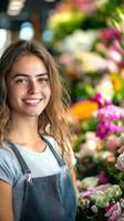 Young female florist with smile stands amidst colorful array of fresh flowers in flower shop. She wears grey t-shirt under apron, exuding natural and cheerful aura. Vertical banner for photo