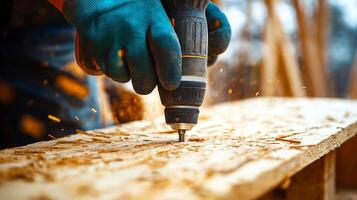 Detailed close-up of workers hand wearing thick protective gloves while operating electric drill. Gritty, hands-on effort involved in construction, craftsmanship and precision of manual photo