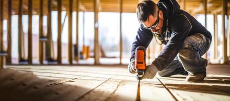 Construction worker wearing safety glasses and gloves uses electric drill, make wood flooring installation in frame building. Banner with copyspace for manual labor and skill involved in photo
