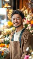 Young, cheerful Asian male florist stands inside flower shop, smiling warmly at camera. He is wearing light sweater and brown apron, surrounded by flower in various colors. Vertical banner for ads photo