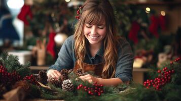 Young woman with joyful smile sits at workspace, creating Christmas decoration with pine cones, red berries, evergreen branches. She surrounded by holiday decor elements in cozy and photo