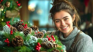 Cheerful young woman with smile stands in festive workshop, crafting beautiful Christmas decoration with pine cones, frosted evergreen branches, and red berries. Banner with copy space for holiday photo