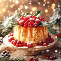 Festive cake with christmas decoration on bokeh light background. photo