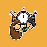 man and woman happy with birthday stripe hat, terumpet and red clock at background sign for happy new year illustration design isolated in an orange background sticker style vector