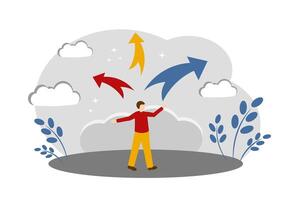 The concept of choosing the right path and making a decision. Man and arrows vector