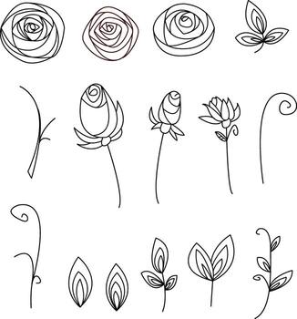 A collection of hand drawn flowers, branches and leaves in line art style. A collection of botanical elements sketches. vector