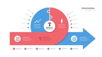 Venn diagram infographic arrow chart jigsaw template for business start up presentation with glassmorphism elements illustration. vector