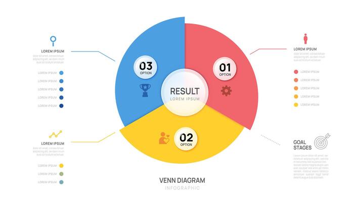 Venn diagram infographic chart template for business start up presentation with glassmorphism elements illustration.