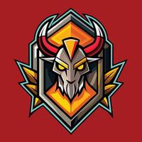 a cartoon head with horns on a shield vector