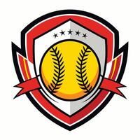 softball ball in shield with red ribbon and stars vector