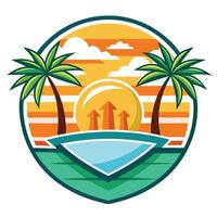 tropical beach with palm trees and sun set vector