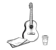 Tourist composition with Guitar and disposable Coffee Cup and notes. Sketch of classical Spanish music instrument in sketch ink style. hand drawn illustration of camping adventure. vector