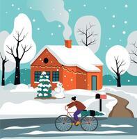 Snowy House with Cyclist Passing vector