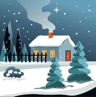 Winter Cabin in Starry Night vector