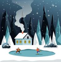 Winter Scene with Ice Skaters vector