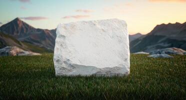 Serene mountain landscape with large boulder photo