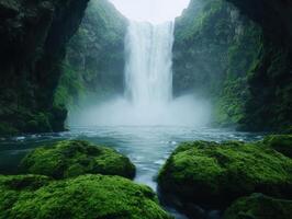 Majestic waterfall cascading through lush green forest photo