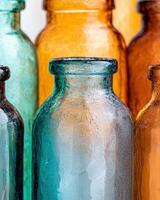 Vintage glass bottles in various colors photo