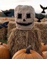 spooky halloween scarecrow with pumpkins photo