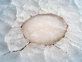 Frozen lake with cracked ice surface photo