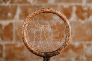 intricate spider web in rustic frame photo