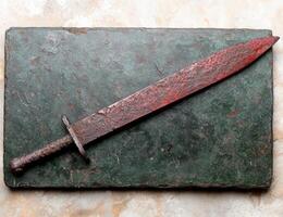 Rustic dagger on slate background photo