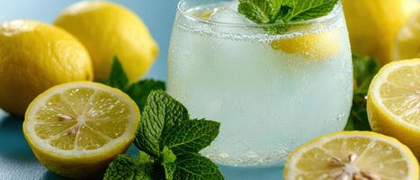 Refreshing lemonade drink with mint and lemon slices photo