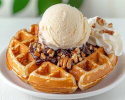 Delicious waffle dessert with ice cream and chocolate sauce photo