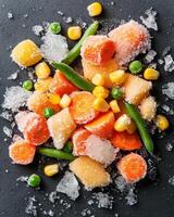 Assortment of colorful candied fruits and vegetables on dark background photo